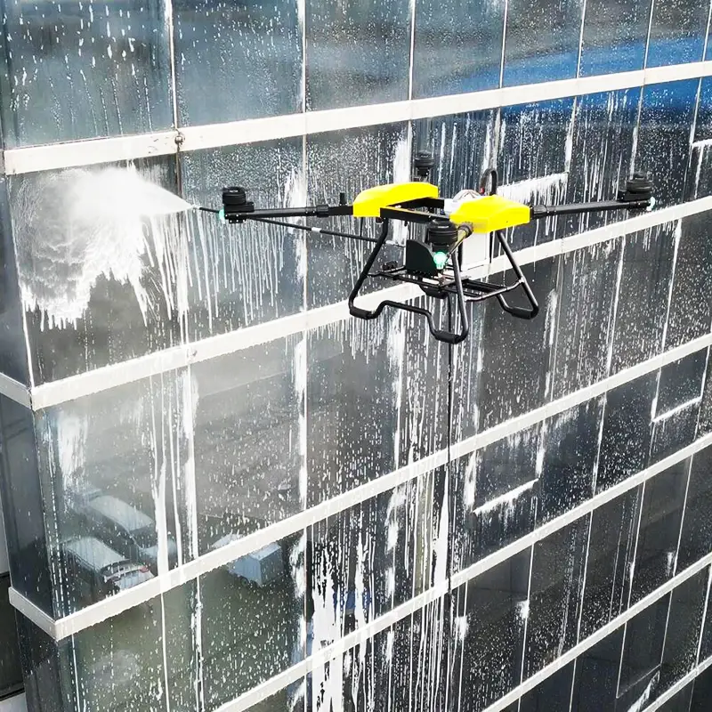 fensterreinigung mit gelber drohne